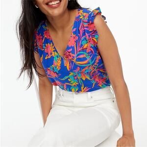 J. Crew Neon Tropical Print Ruffle Sleeveless  XS Blue Top Size Small BR770